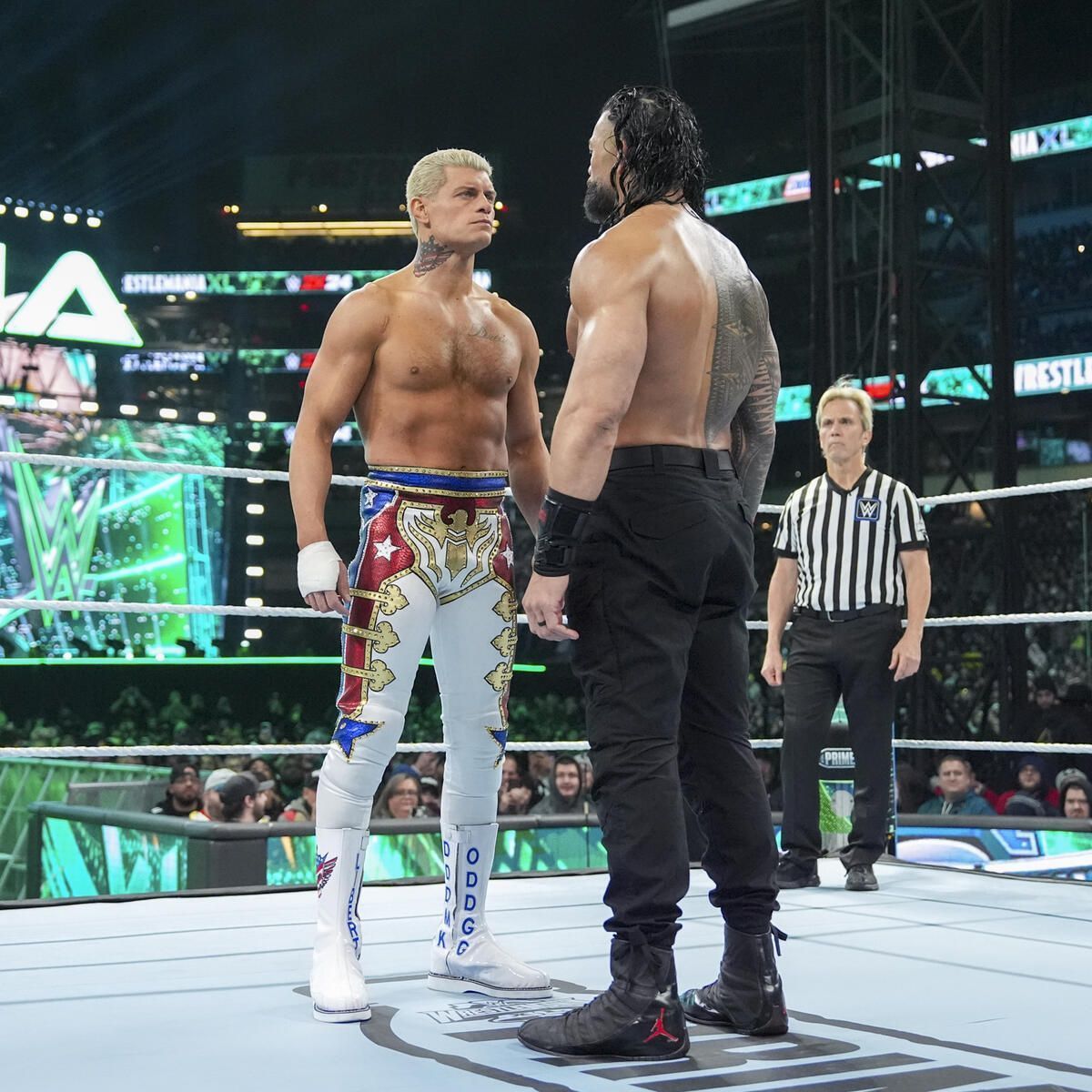 Cody Rhodes and Roman Reigns at WrestleMania 40. (Image credit: WWE.com)