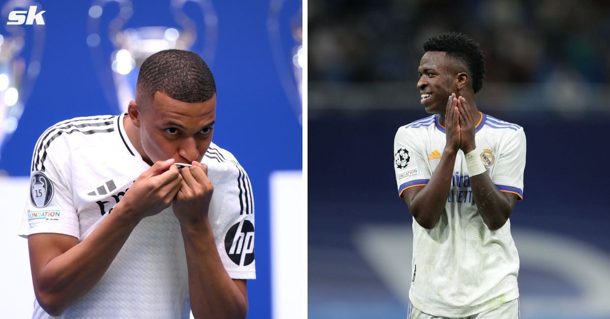 New Real Madrid striker Kylian Mbappe (left) gets an welcome from current striker Vinicius Junior