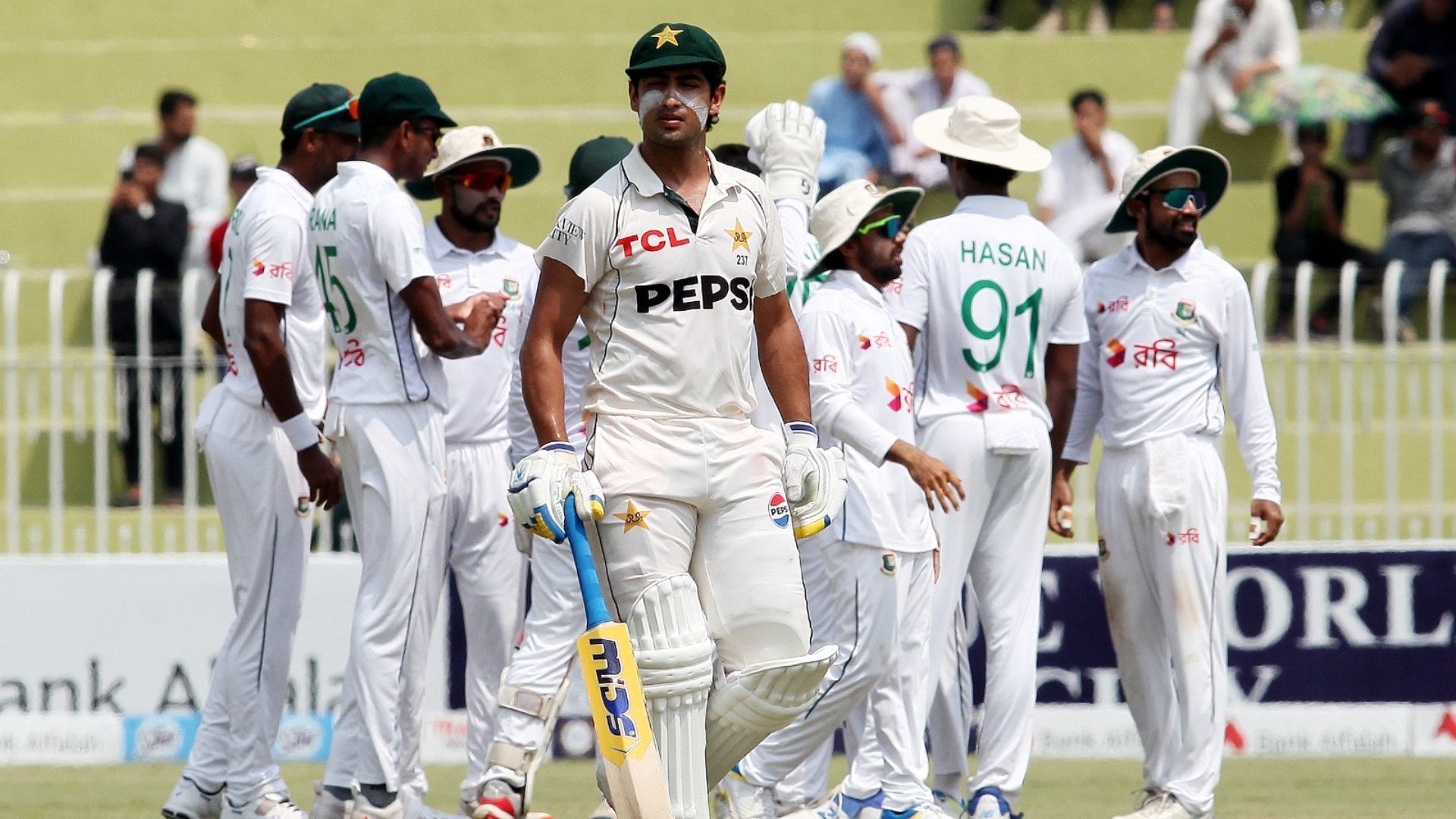 Pakistan&#039;s Naseem Shah reacts to his fall of wicket (Image credits: @TheRealPCB on X)