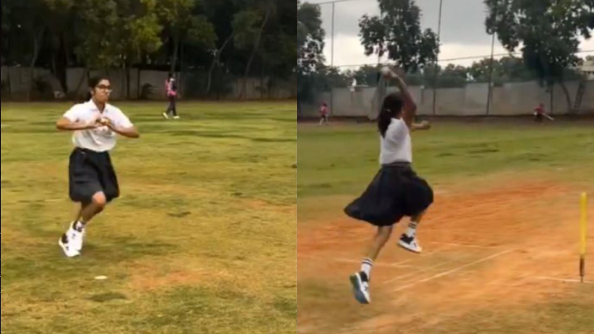 A school girl is seen imitating Jasprit Bumrah