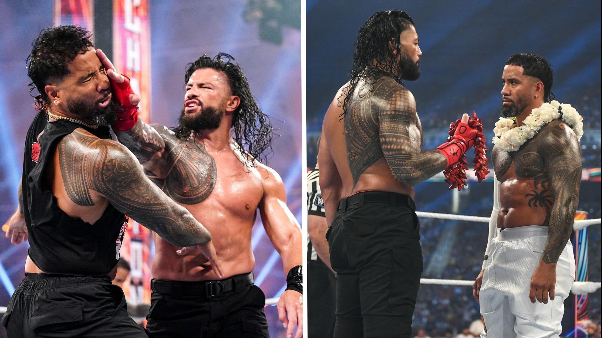 Jey Uso left Roman Reigns are former teammates in The Bloodline [Image Credit: WWE.com]