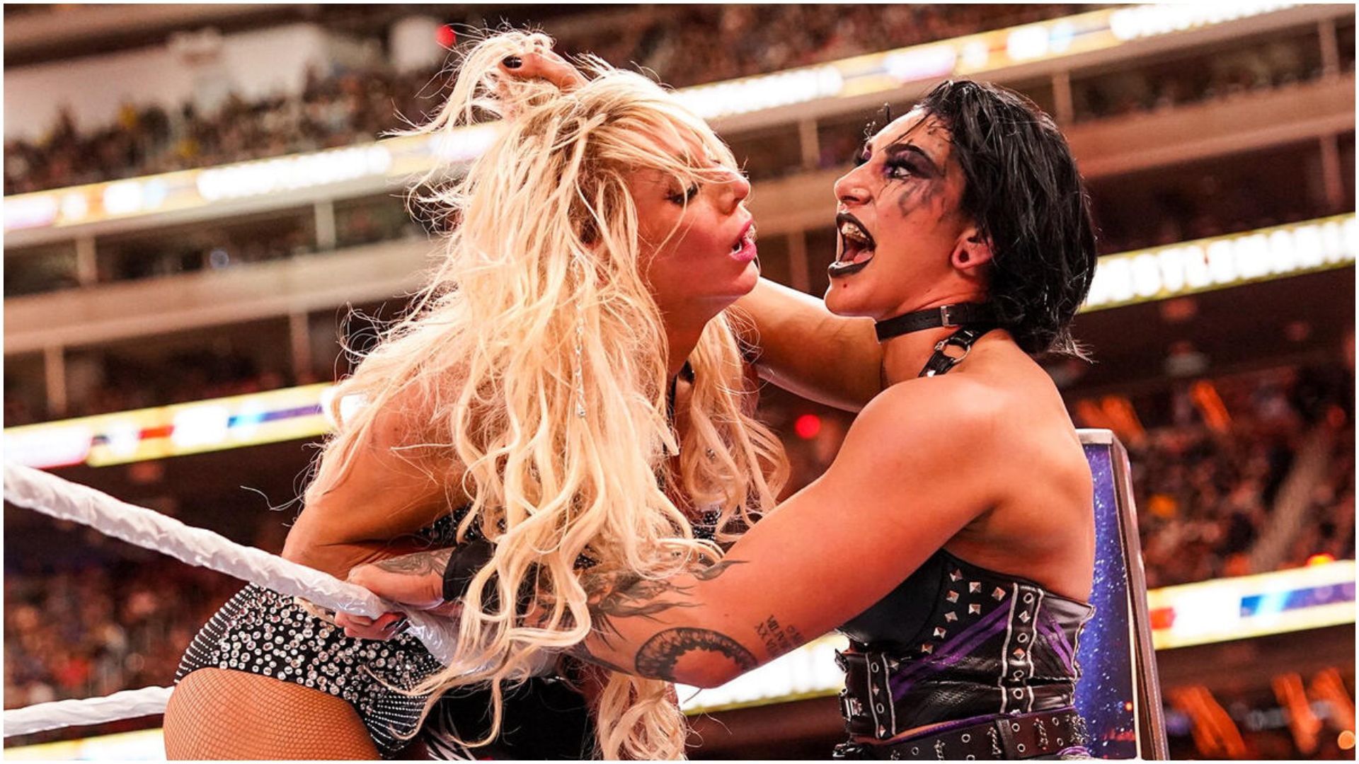 Charlotte Flair &amp; Rhea Ripley at WrestleMania 39! (Photo via: WWE.com)