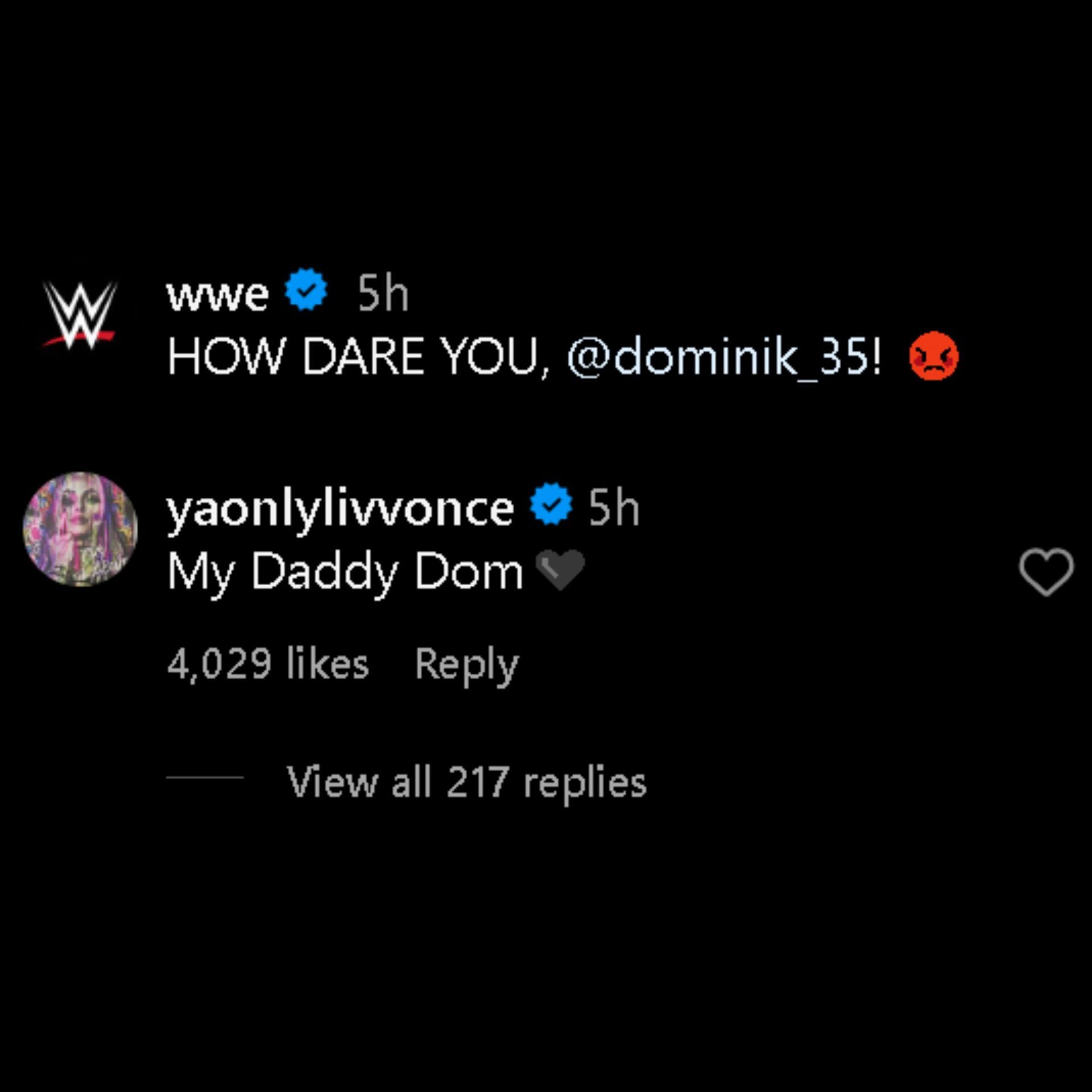 Liv Morgan&#039;s comment on WWE&#039;s post.