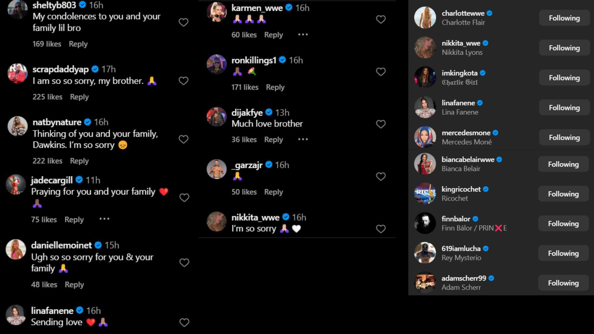 Screenshot of stars&#039; reactions to Angelo Dawkins&#039; Instagram post