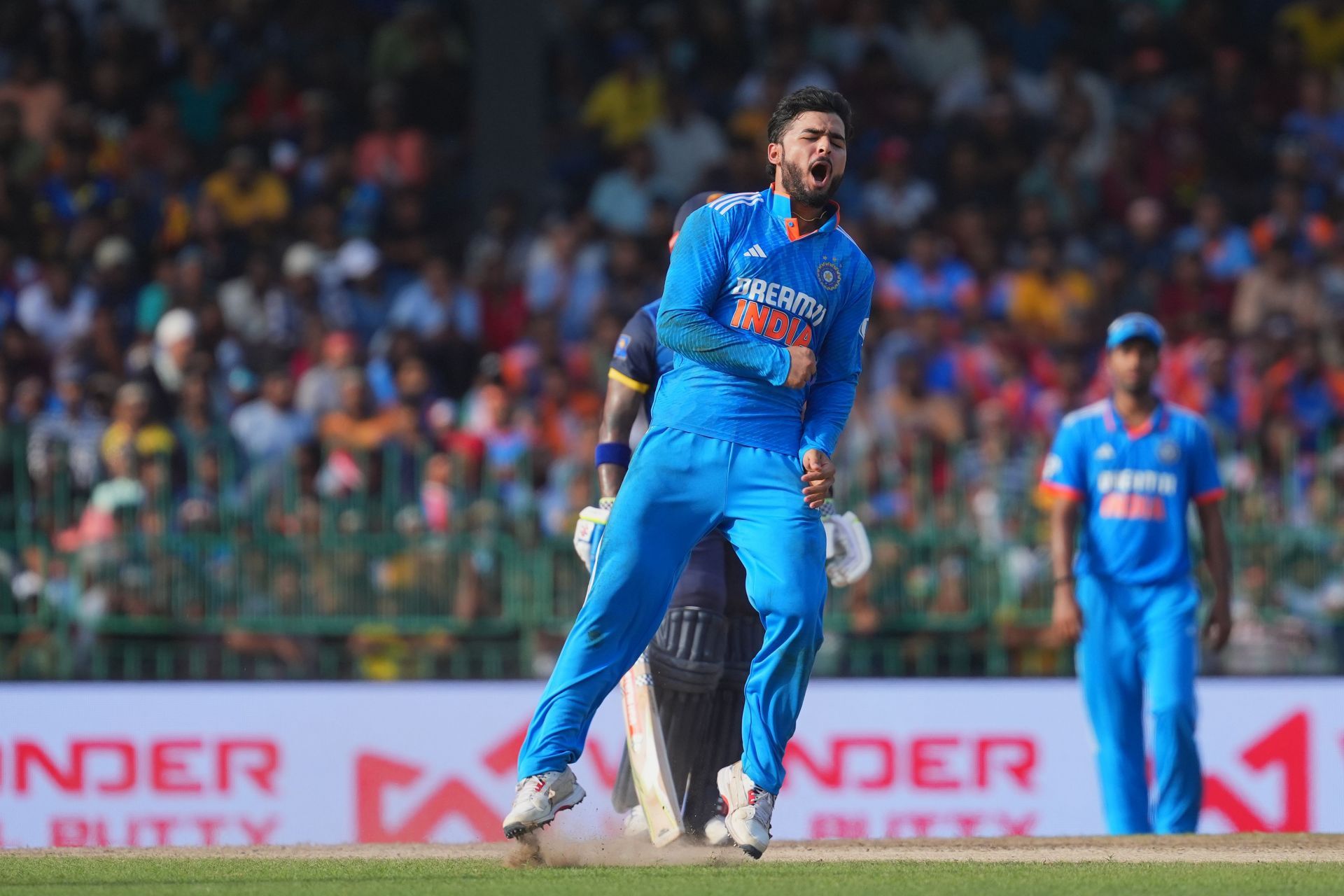 Riyan Parag celebrates a wicket against Sri Lanka in the third ODI. (Image Credits: Getty Images)