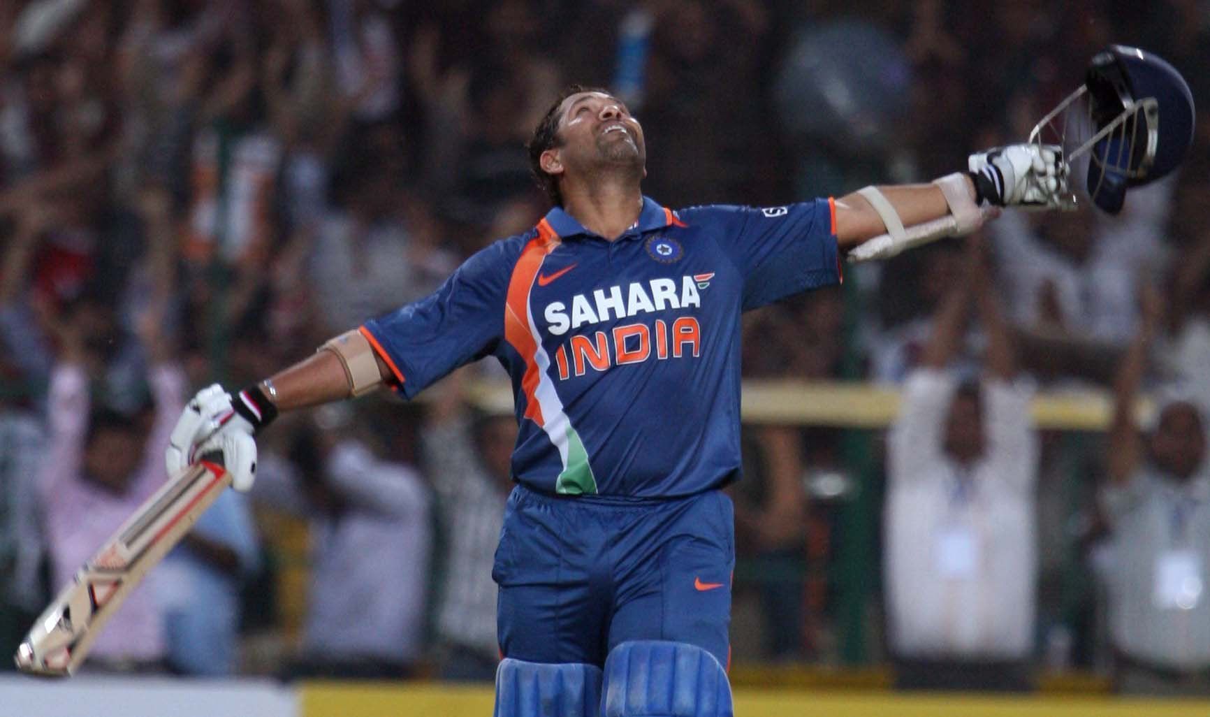 Sachin Tendulkar celebrates his double hundred in Gwalior in February 2010. (Image Credits: Getty Images)