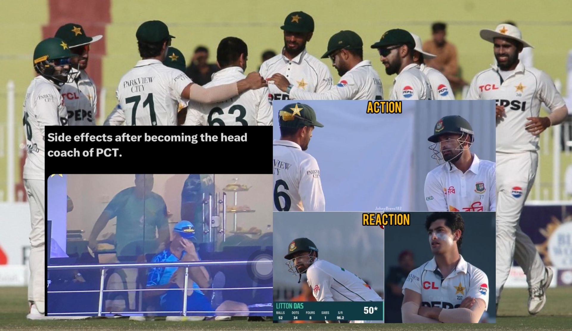 Fans react with memes after action on day 3 of Pak vs Ban Test. (Image: @TheRealPCB, JohnyBravo183/X, pctmemes_ /Instagram)