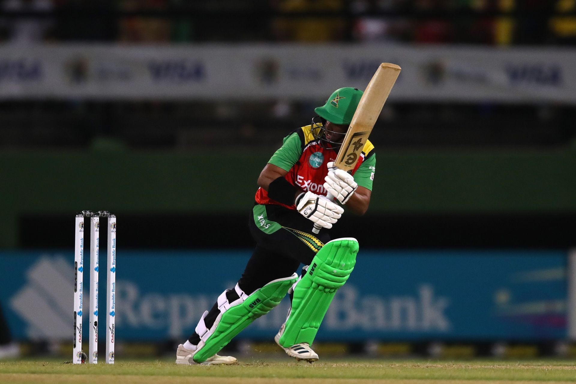 Matthew Nandu of Guyana Amazon Warriors bats during the Republic Bank Caribbean Premier League T20 match between Guyana Amazon Warriors and Jamaica Tallawahs.