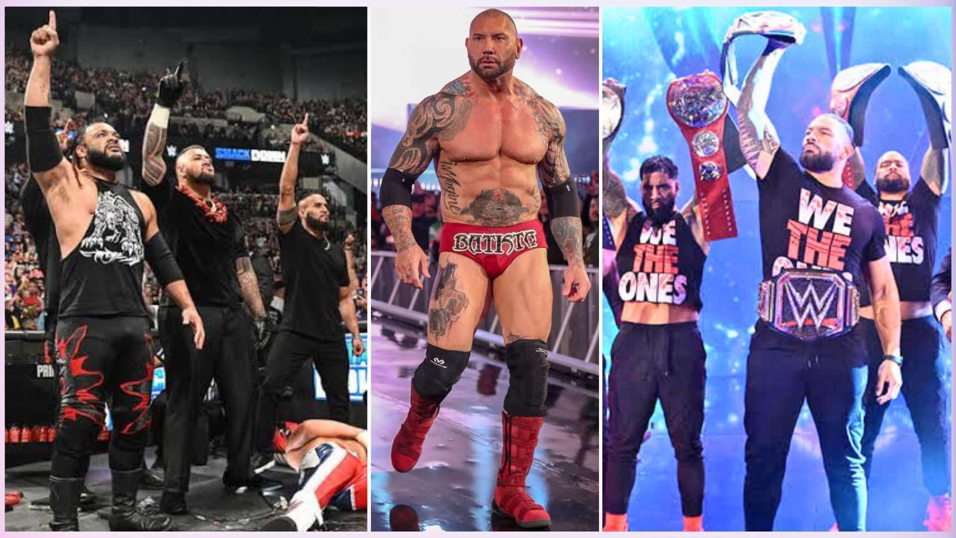 The Bloodline (left and right) and Batista (middle) in picture [Image credits: wwe.com]