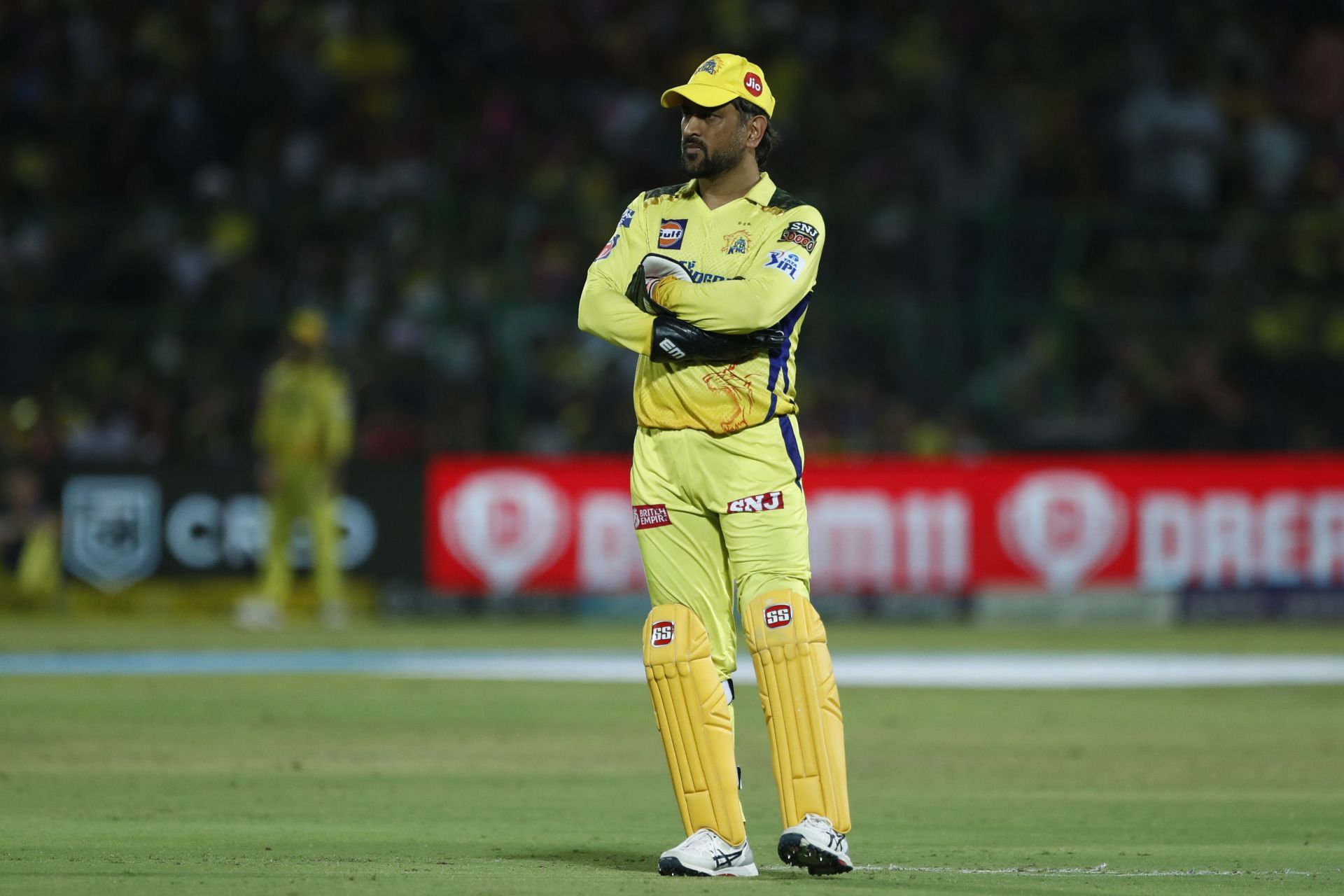 MS Dhoni of Chennai Super Kings looks on during the IPL match between Rajasthan Royals and Chennai Super Kings at Sawai Mansingh Stadium on April 27, 2023 in Jaipur, India.(Photo by Pankaj Nangia/Getty Images)