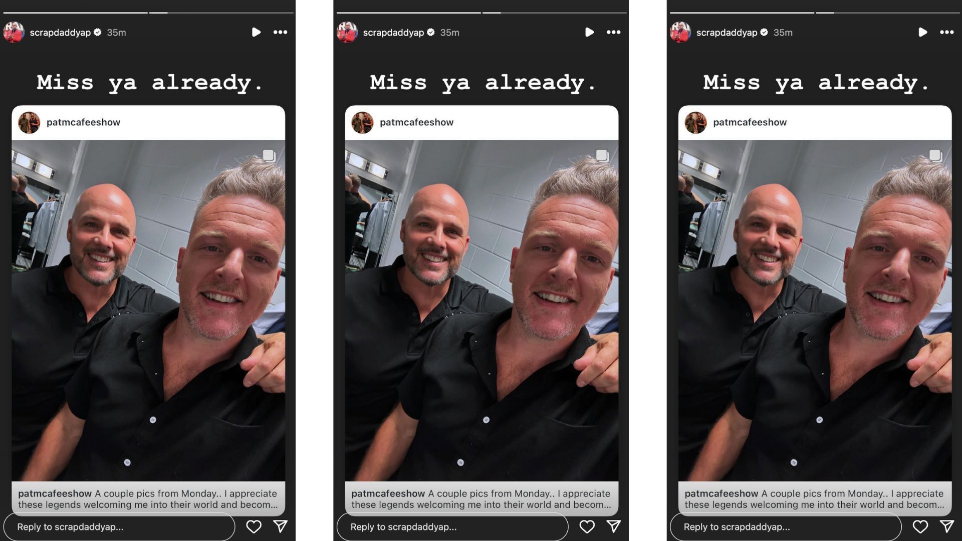 Pearce sends message to McAfee on Instagram.