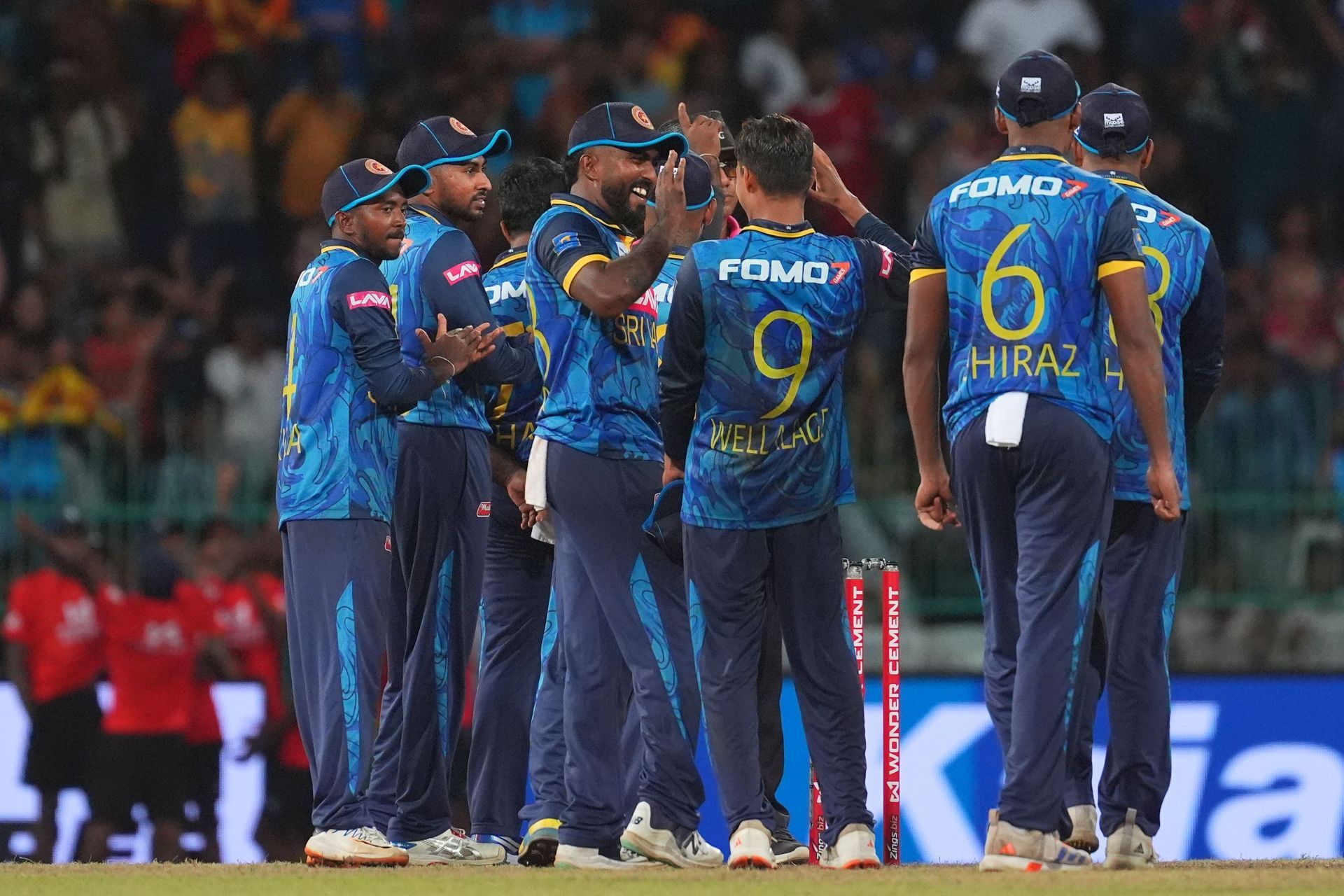 Sri Lankan players celebrate Arshdeep Singh&rsquo;s dismissal in Colombo. (Image Credits: Getty Images)