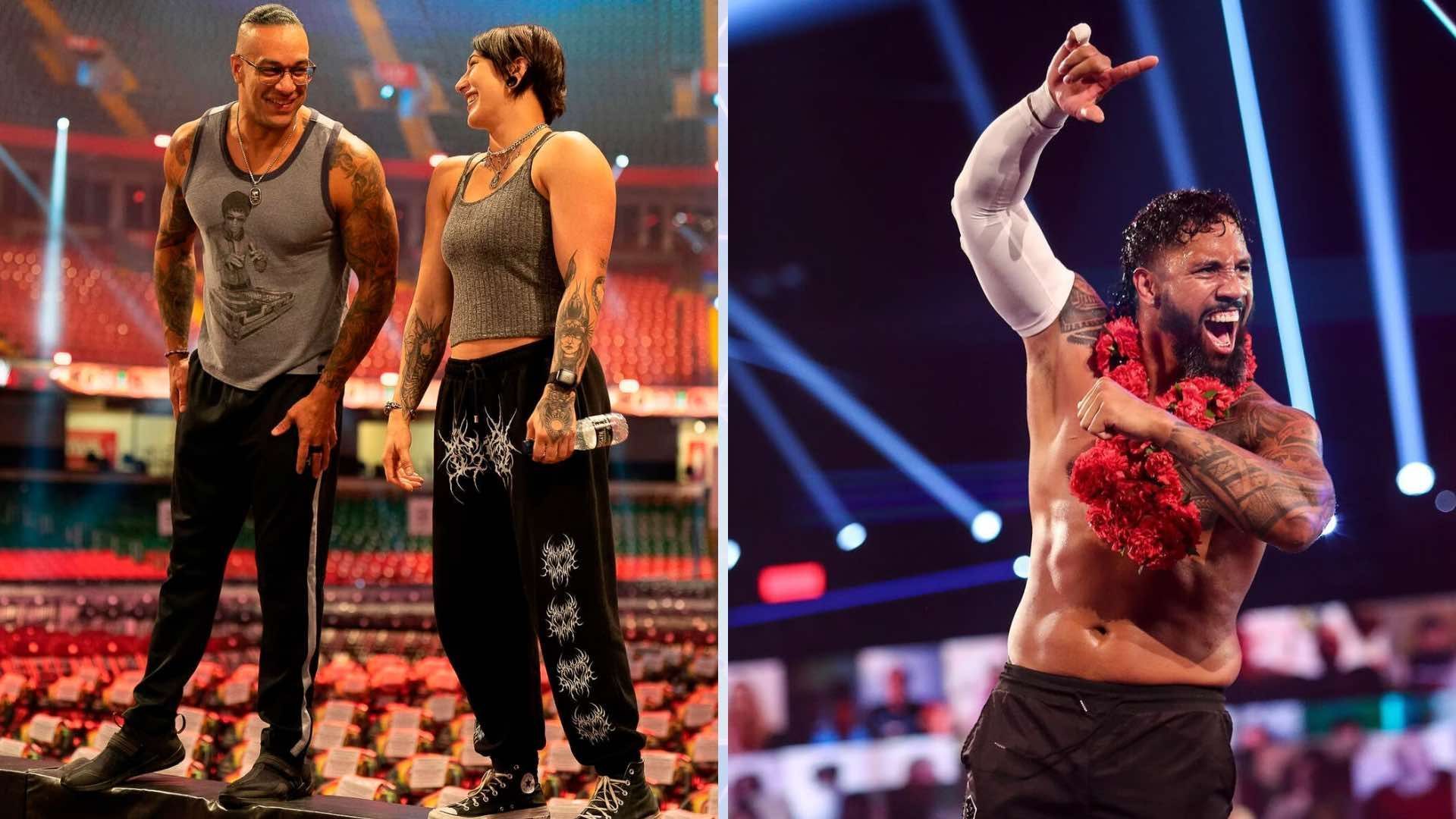 Damian Priest with Rhea Ripley (on the left); Jey Uso (on the right) [Image credits: wwe.com]