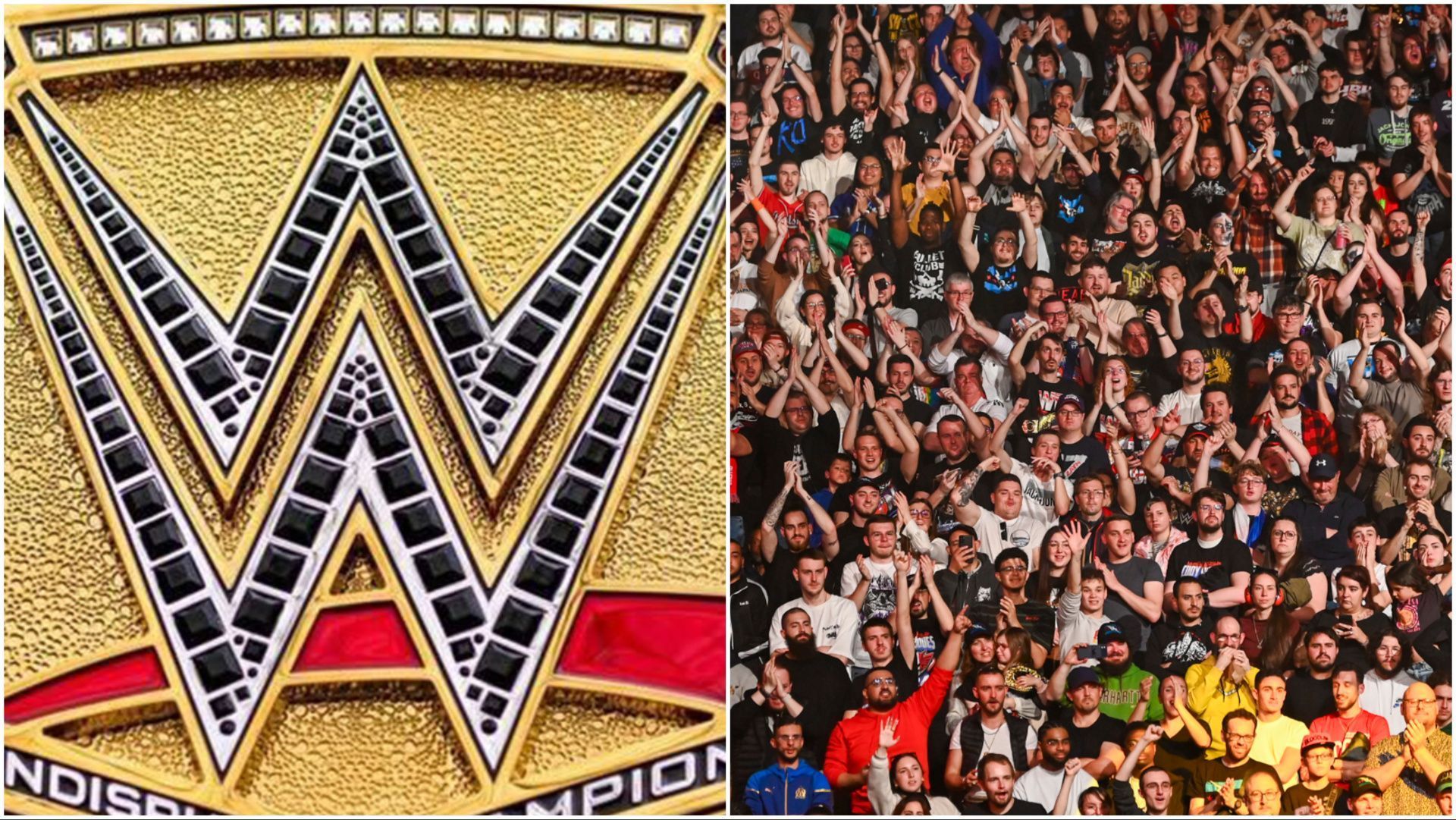 The WWE championship plate on display, fans at SmackDown