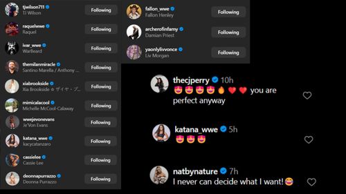 Screenshots of stars' likes and comments on Alexa Bliss' IG post [Images via Bliss' IG]