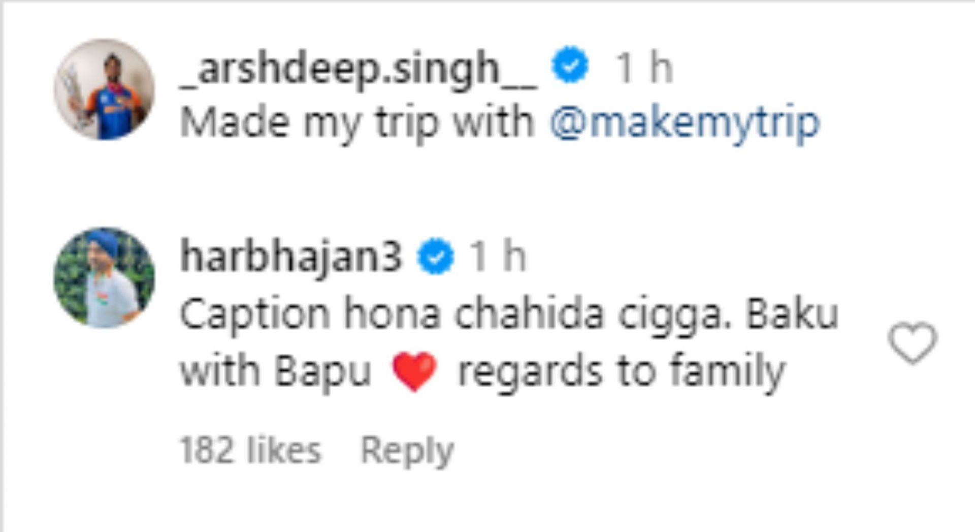 Harbhajan Singh&#039;s reaction to Arshdeep Singh&#039;s latest Instagram post. [Pic credits: @_arshdeep.singh__ on Instagram]