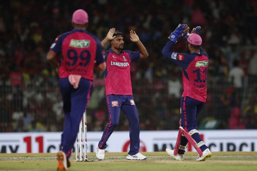 Sandeep Sharma of Rajasthan Royal celebrates the wicket of Travis Head of Sunrisers Hyderabad during the 2024 IPL.