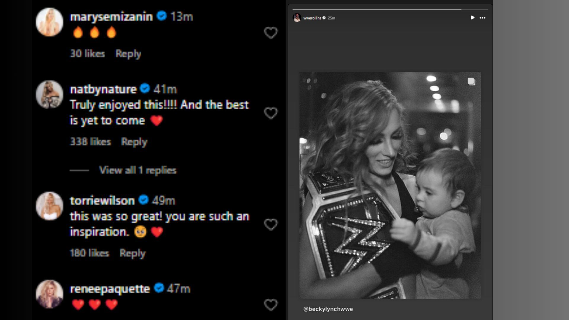 Seth Rollins and other stars have reacted to Becky Lynch&#039;s post (Credit: Becky Lynch and Seth Rollins&#039; Instagram)