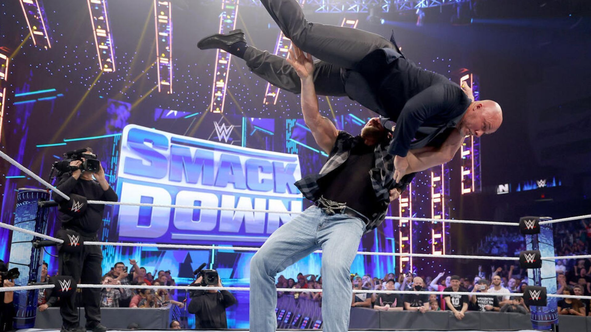 Brock Lesnar delivering a F5 to Adam Pearce [Image Credits: wwe.com]