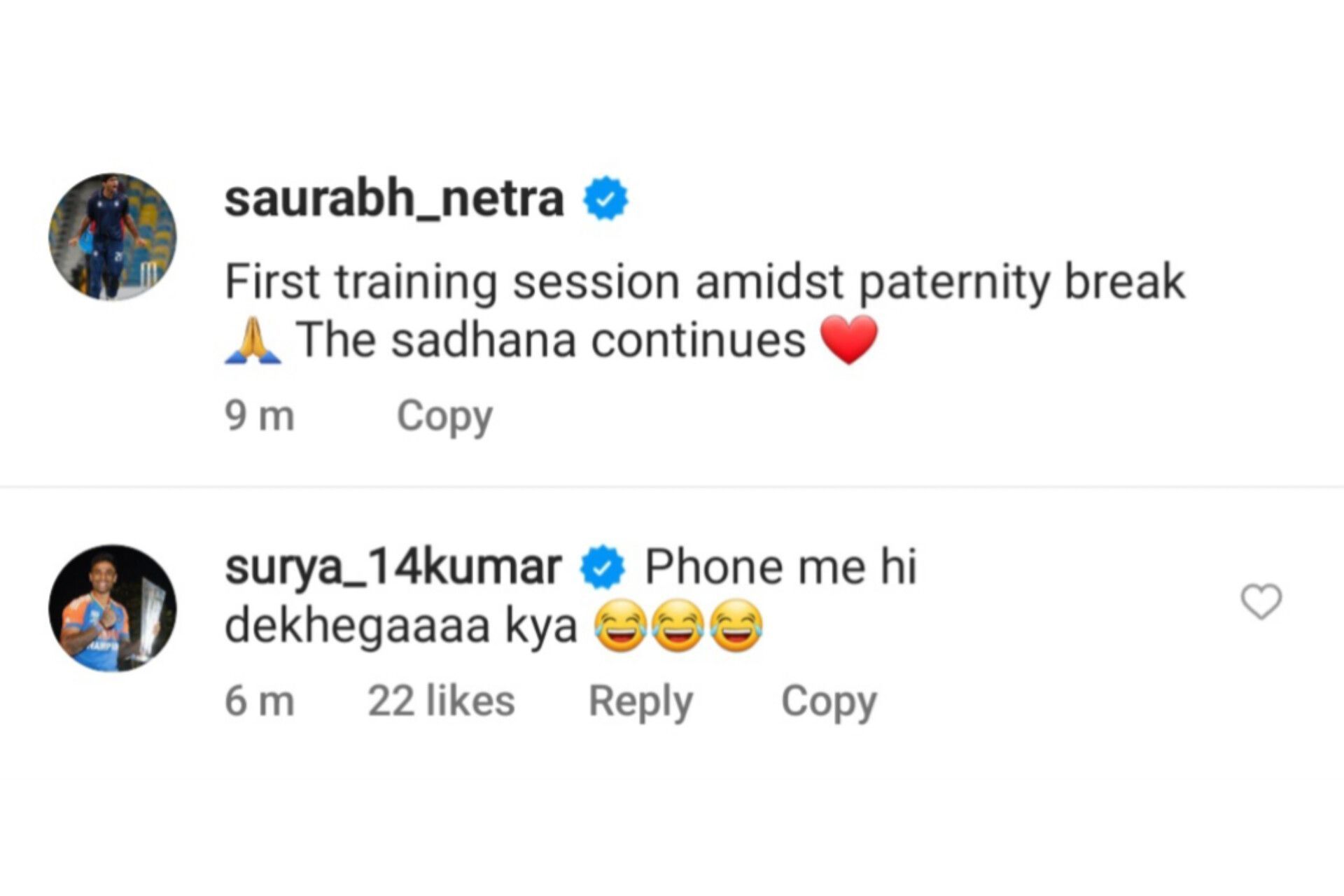 Suryakumar Yadav drops a hilarious comment on Saurabh Netravalkar&#039;s Instagram post (Image via Instagram/@saurabh_netra)