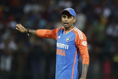 Suryakumar Yadav of India gestures during game one of the T20 International series between Sri Lanka and India at Pallekele Cricket Stadium on July 27, 2024, in Kandy, Sri Lanka. (Photo by Pankaj Nangia/Getty Images)