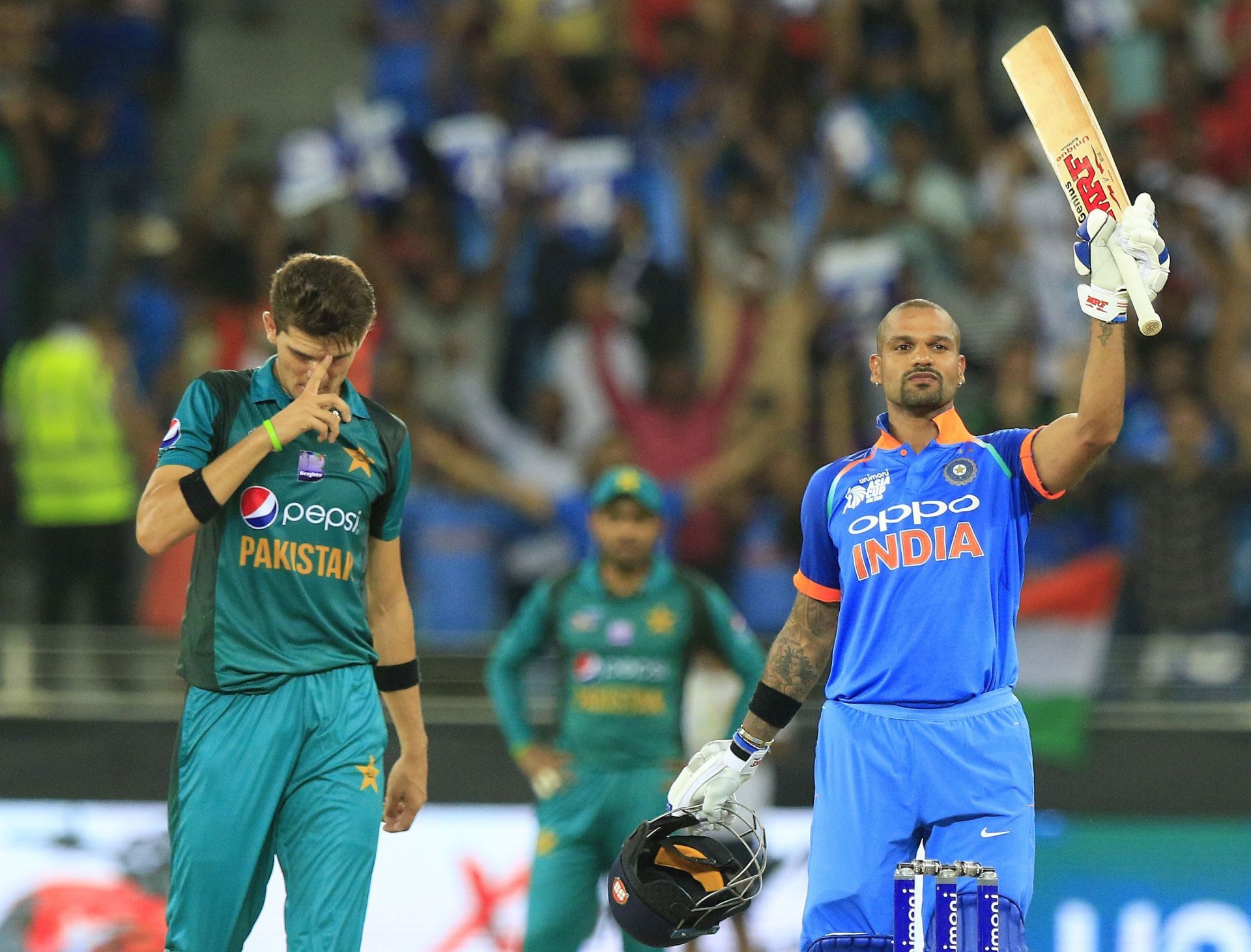 The left-handed batter celebrates a hundred against Pakistan in the 2018 Asia Cup. (Image Credits: Getty Images)