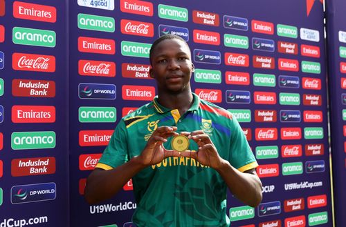 Kwena Maphaka of South Africa poses after being named Player of the Match following the ICC U19 Men's Cricket World Cup South Africa 2024 Super Six match between South Africa and Sri Lanka.