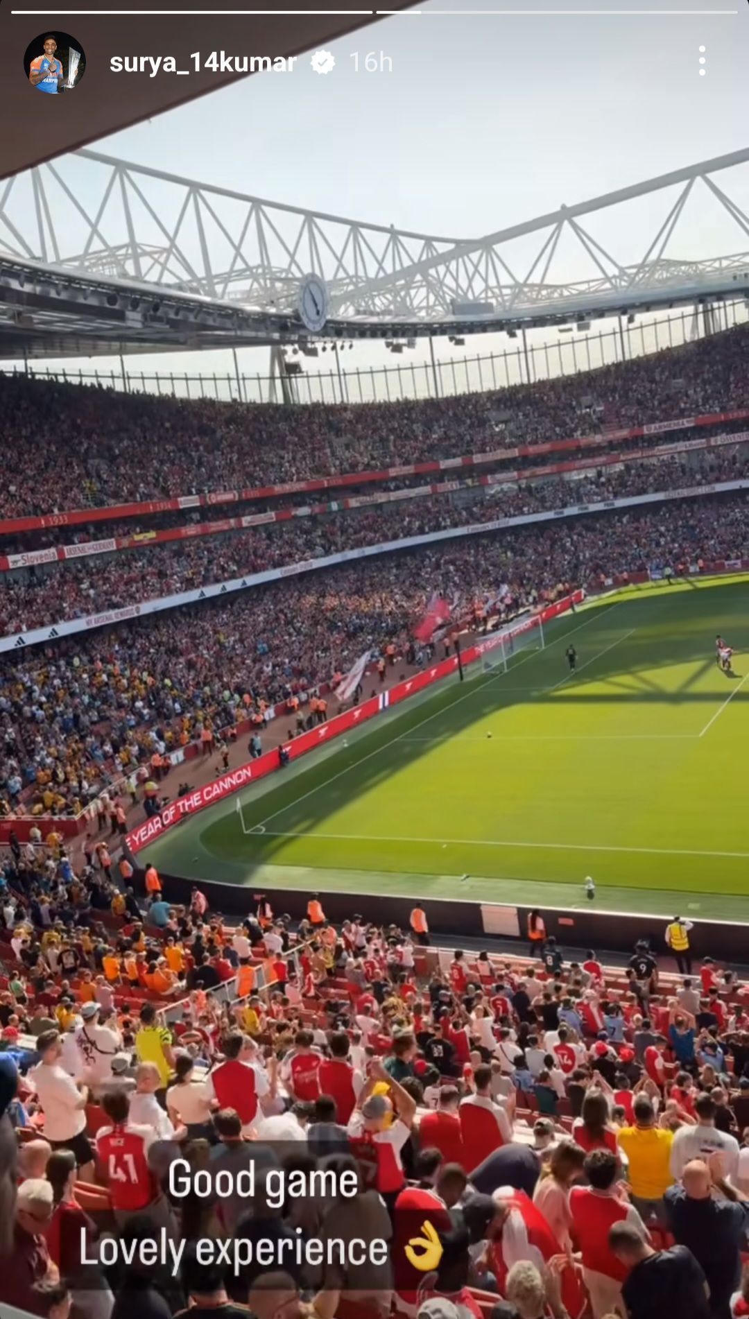 Suryakumar Yadav enjoys a Premier League match at Emirates Stadium (Image via Instagram@surya_14kumar)