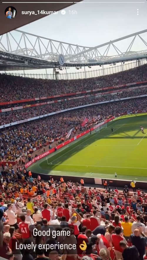 Suryakumar Yadav enjoys a Premier League match at Emirates Stadium (Image via Instagram@surya_14kumar)