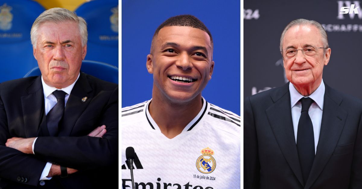 (L-R): Carlo Ancelotti (left), Kylian Mbappe, and Florentino Perez