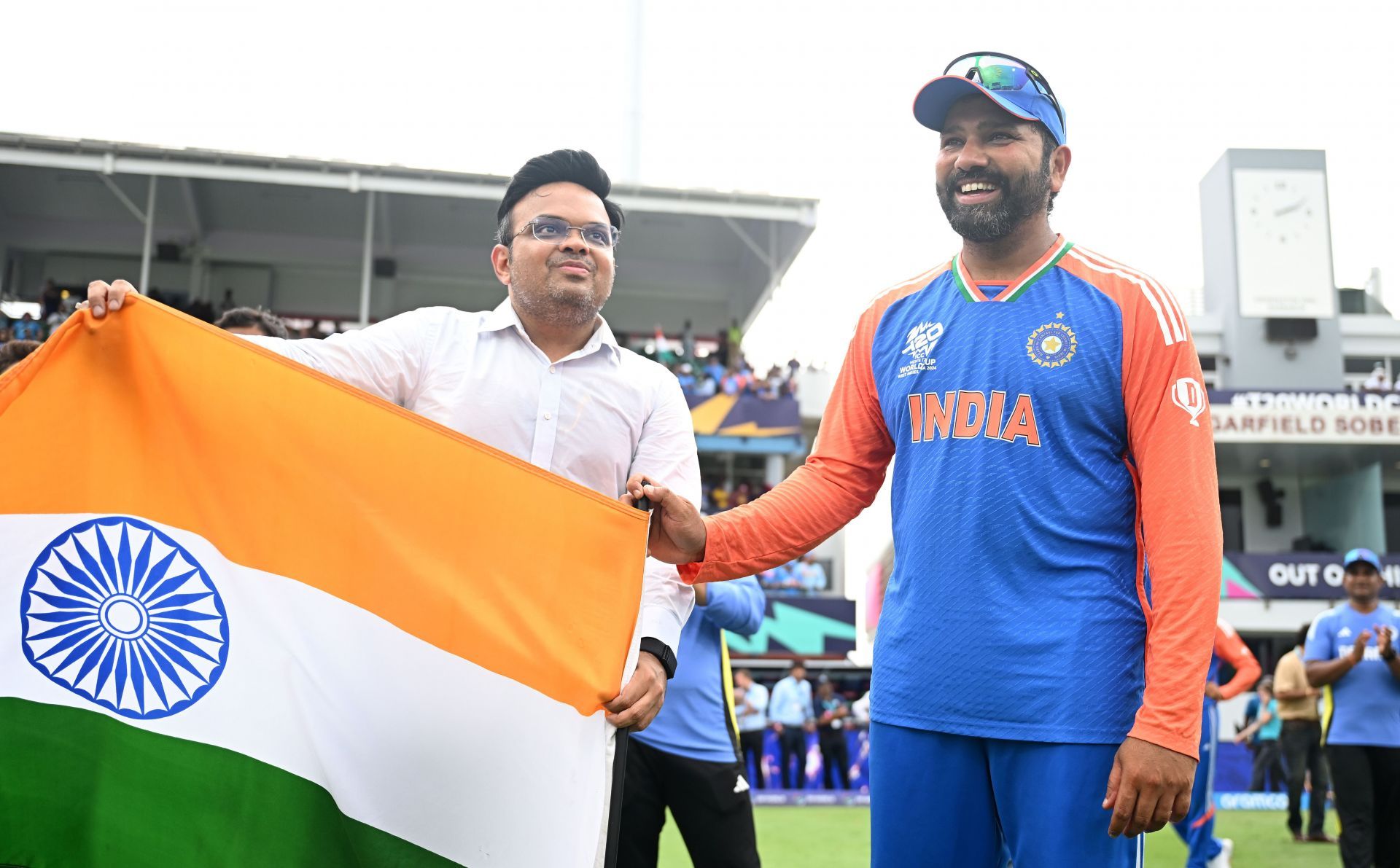 Jay Shah with Team India captain Rohit Sharma after winning the ICC Men&#039;s T20 World Cup (File image via Getty)