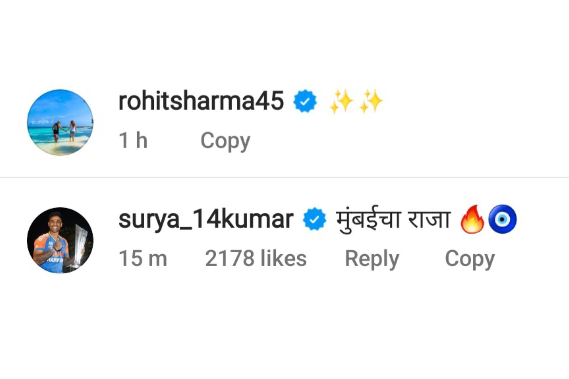 Suryakumar Yadav comments on Rohit Sharma&#039;s new Instagram post (Image via Instagram-@rohitsharma45)