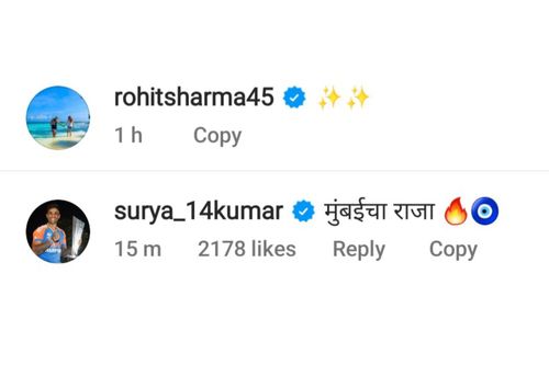 Suryakumar Yadav comments on Rohit Sharma's new Instagram post (Image via Instagram-@rohitsharma45)