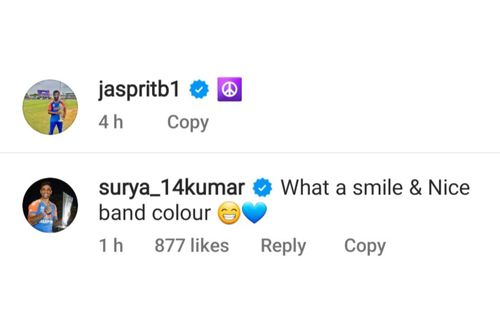 Suryakumar Yadav reacts to Jasprit Bumrah’s latest Instagram post (Image via Instagram-@jaspritb1)