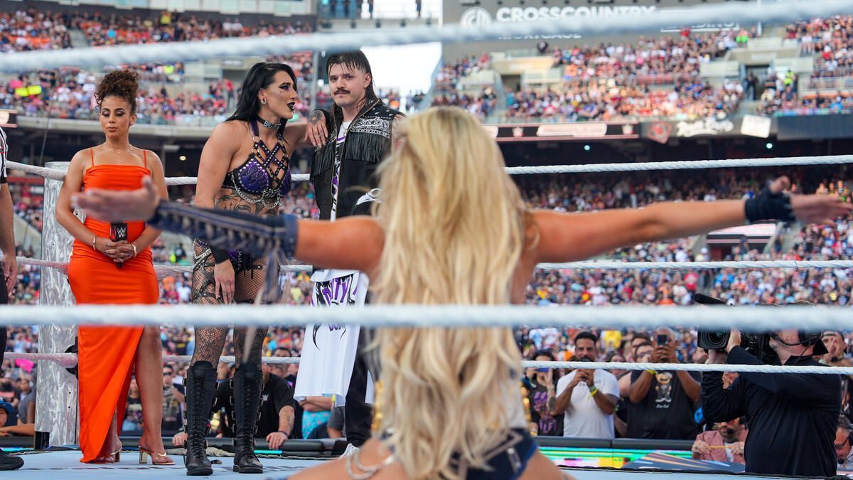 Liv Morgan, Dominik Mysterio and Rhea Ripley at SummerSlam (Photo credit: WWE.com)