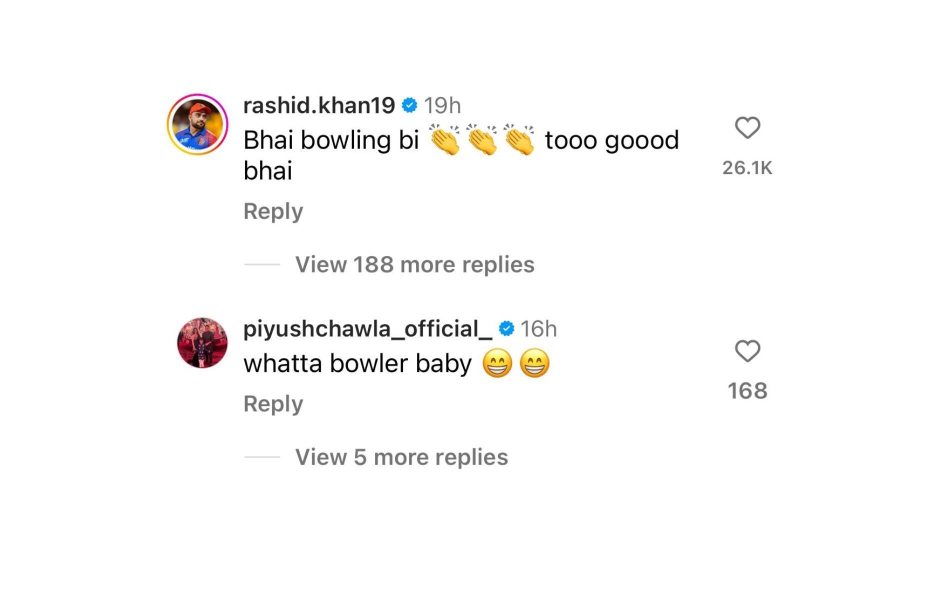 Screenshot of Rashid Khan and Piyush Chawla's comments.