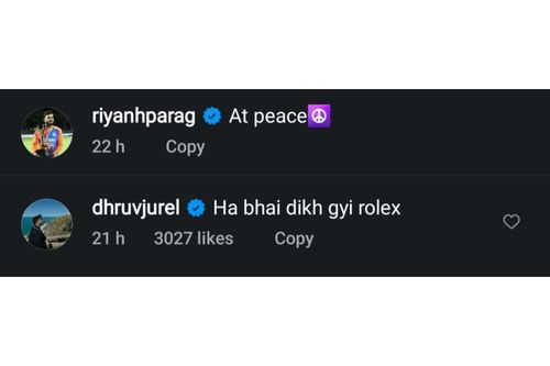 Dhruv Jurel drops a cheeky comment on Riyan Parag’s Instagram post (Image via Instagram/@riyanhparag)