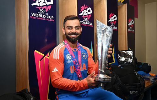 Virat Kohli poses with the T20 World Cup trophy after India's historic win in June 2024. Source: Getty