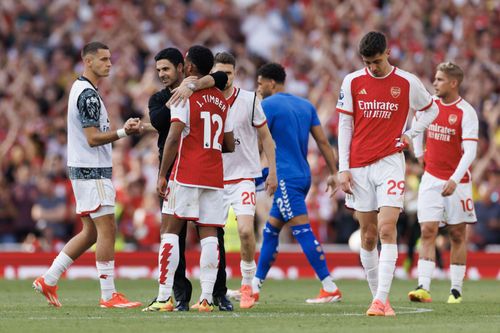 Jurrien Timber and Mikel Arteta - Premier League - Source: Getty