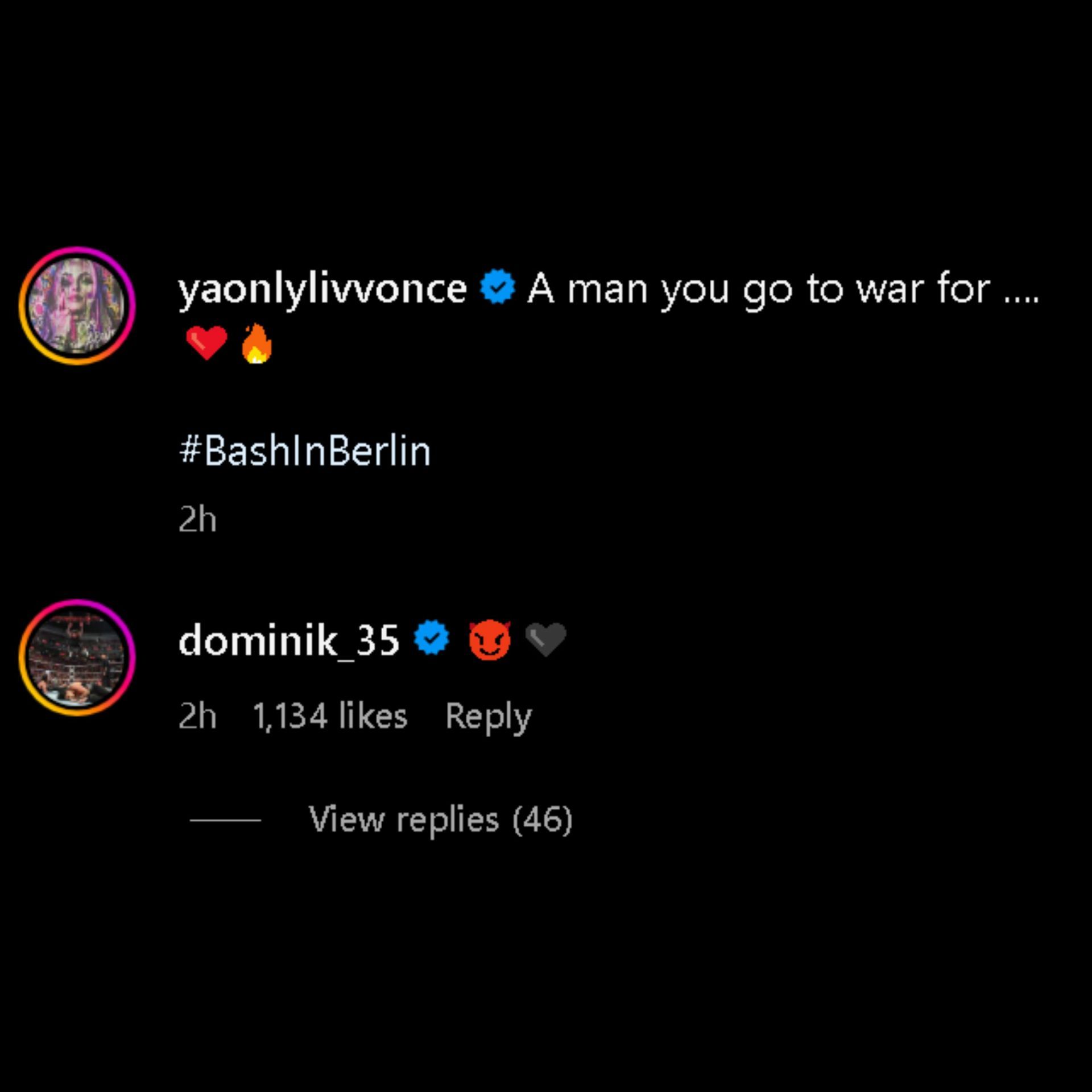 Dominik Mysterio&#039;s comment on Liv Morgan&#039;s Instagram post.