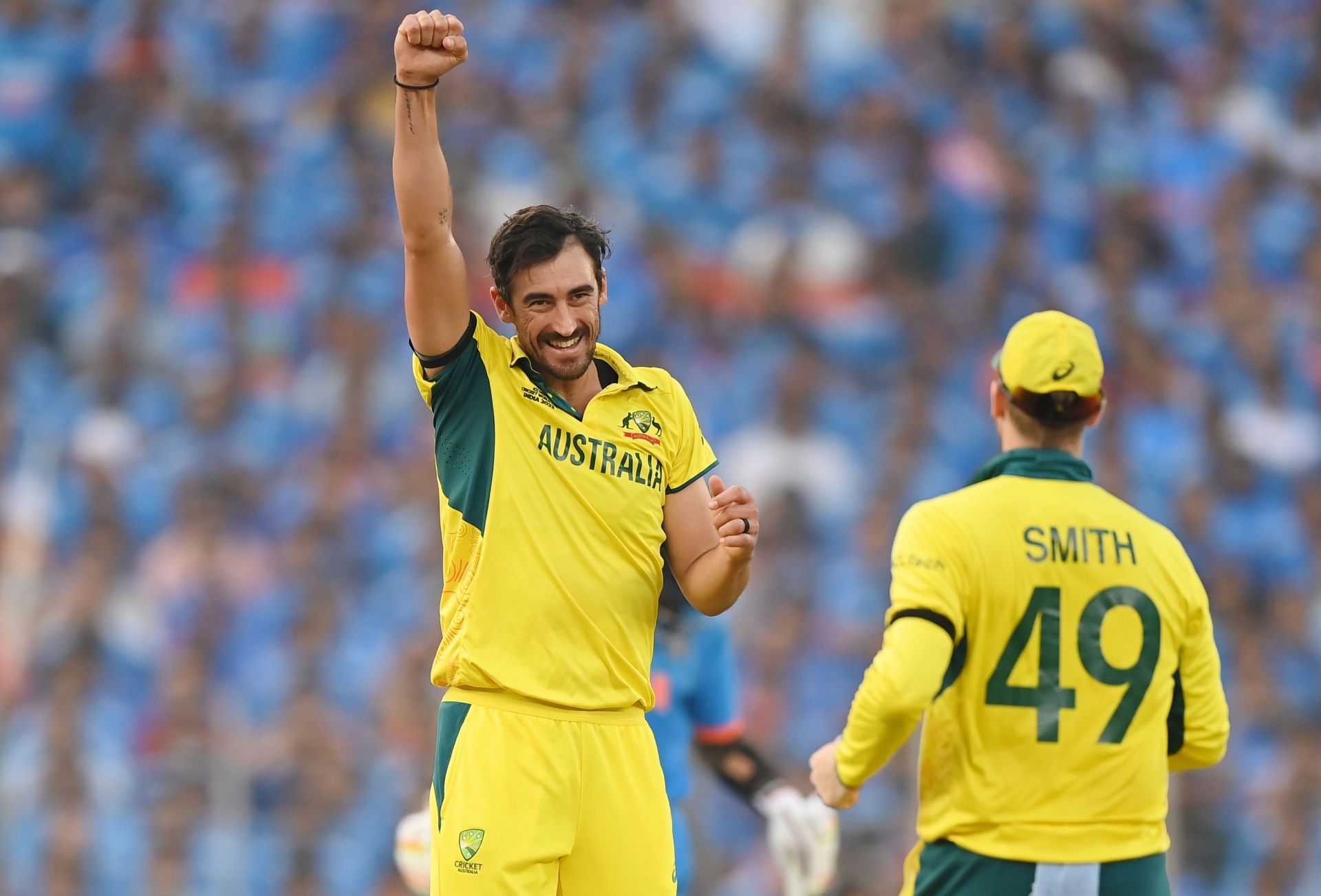 Mitchell Starc is ecstatic after claiming a wicket in the 2023 ODI World Cup. (Image Credits: Getty Images)