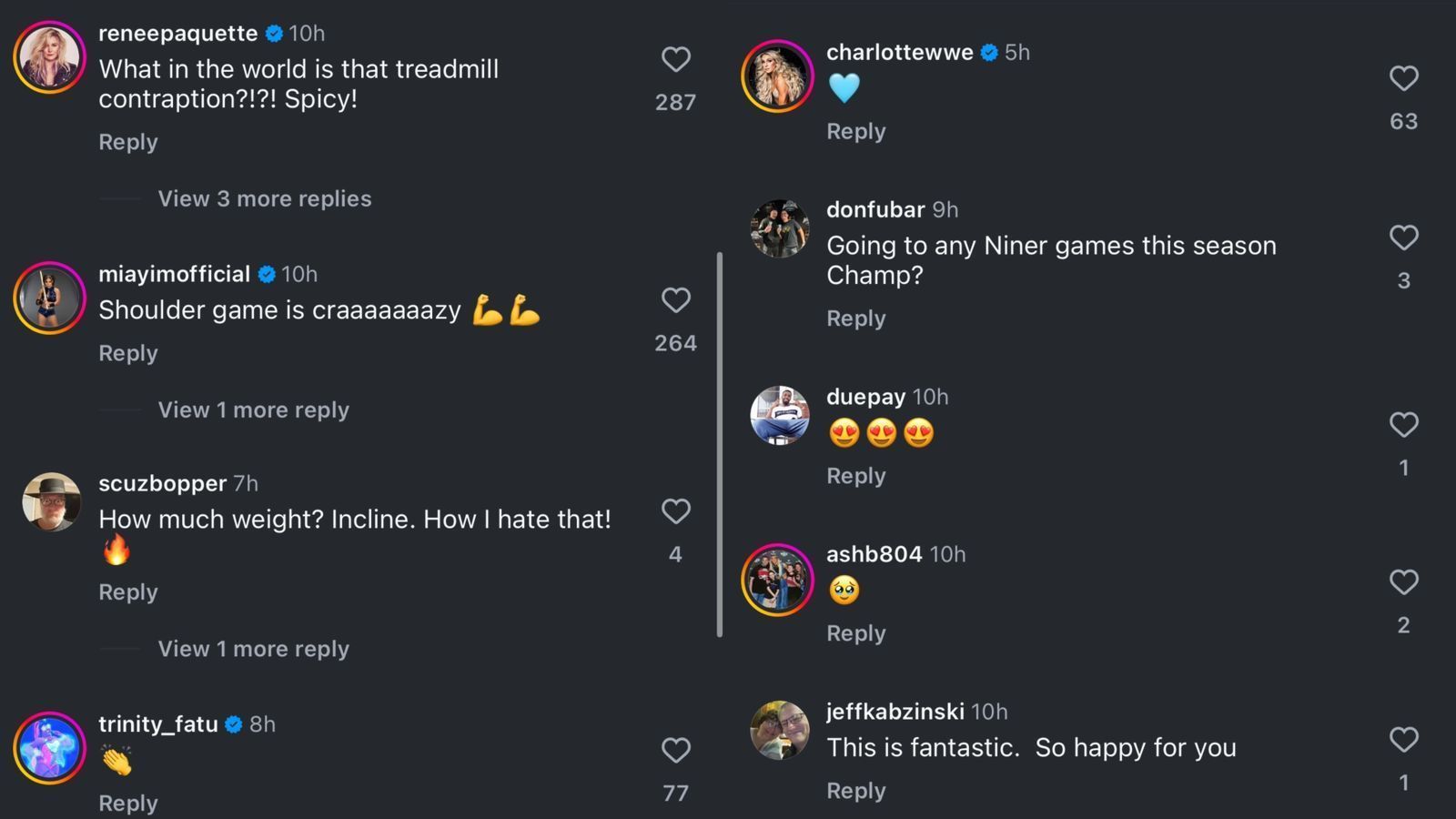 Screenshots of comments from Charlotte Flair, Naomi, Michin, and Renee [Image source: Bayley&#039;s Instagram]