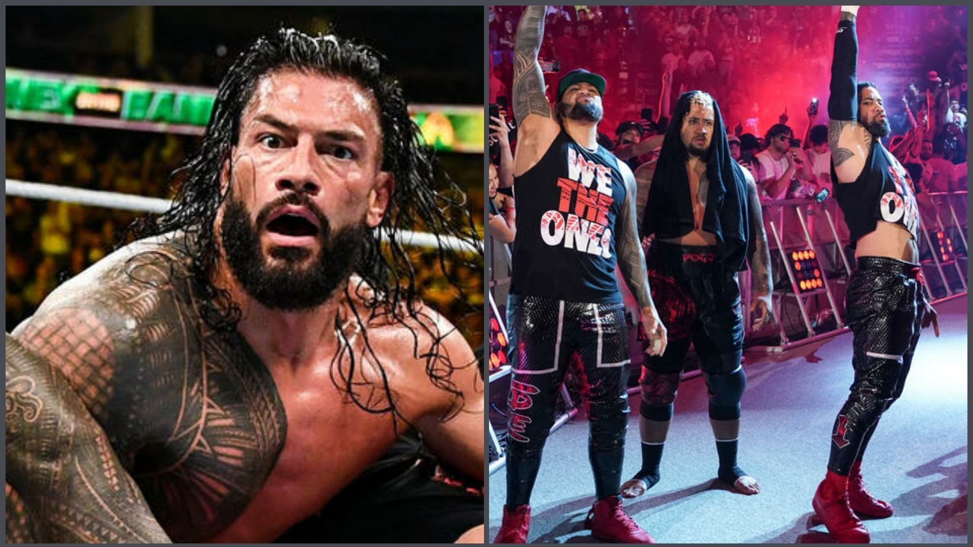 Roman Reigns (left); The Usos &amp; Solo Sikoa (right) (Image source: WWE.com)