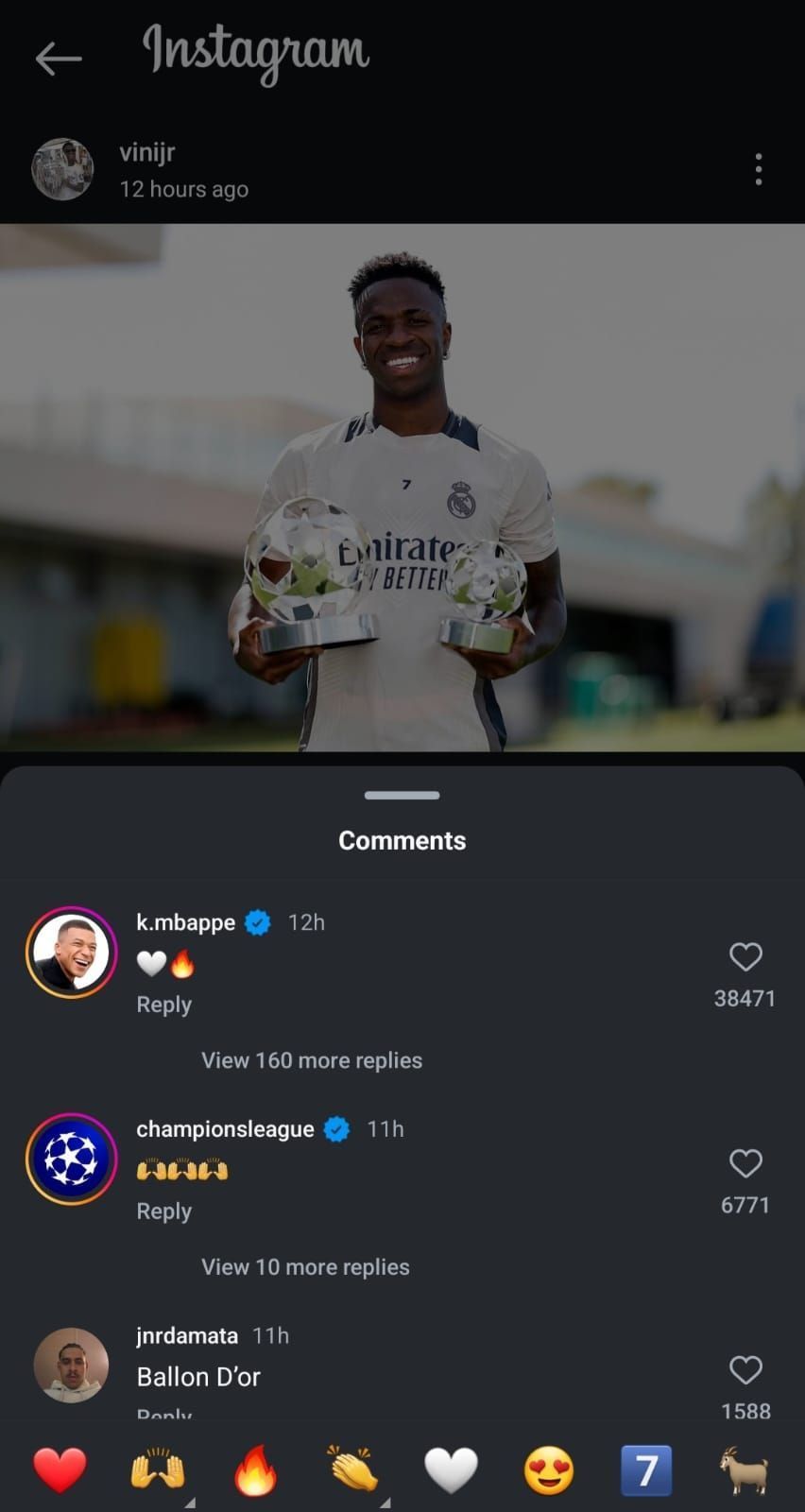 Kylian Mbapppe commented on Vinicius Junior&#039;s post