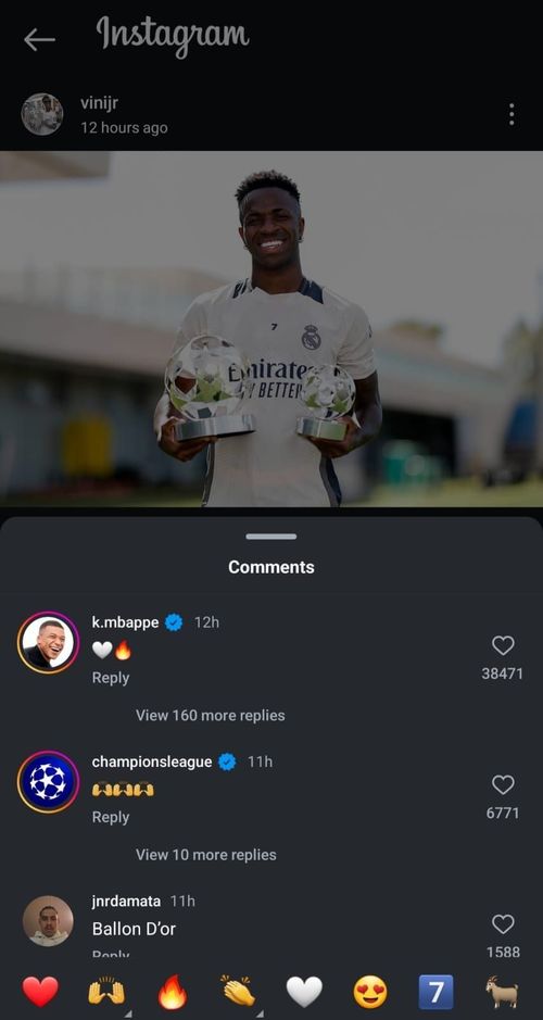 Kylian Mbapppe commented on Vinicius Junior's post