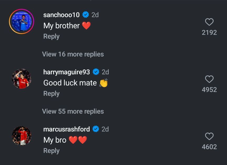 Jadon Sancho&#039;s and Marcus Rashford&#039;s comments on Anthony Martial&#039;s post (Credits): Anthony Martial IG