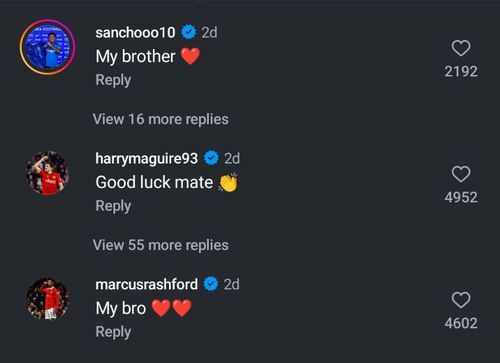 Jadon Sancho's and Marcus Rashford's comments on Anthony Martial's post (Credits): Anthony Martial IG