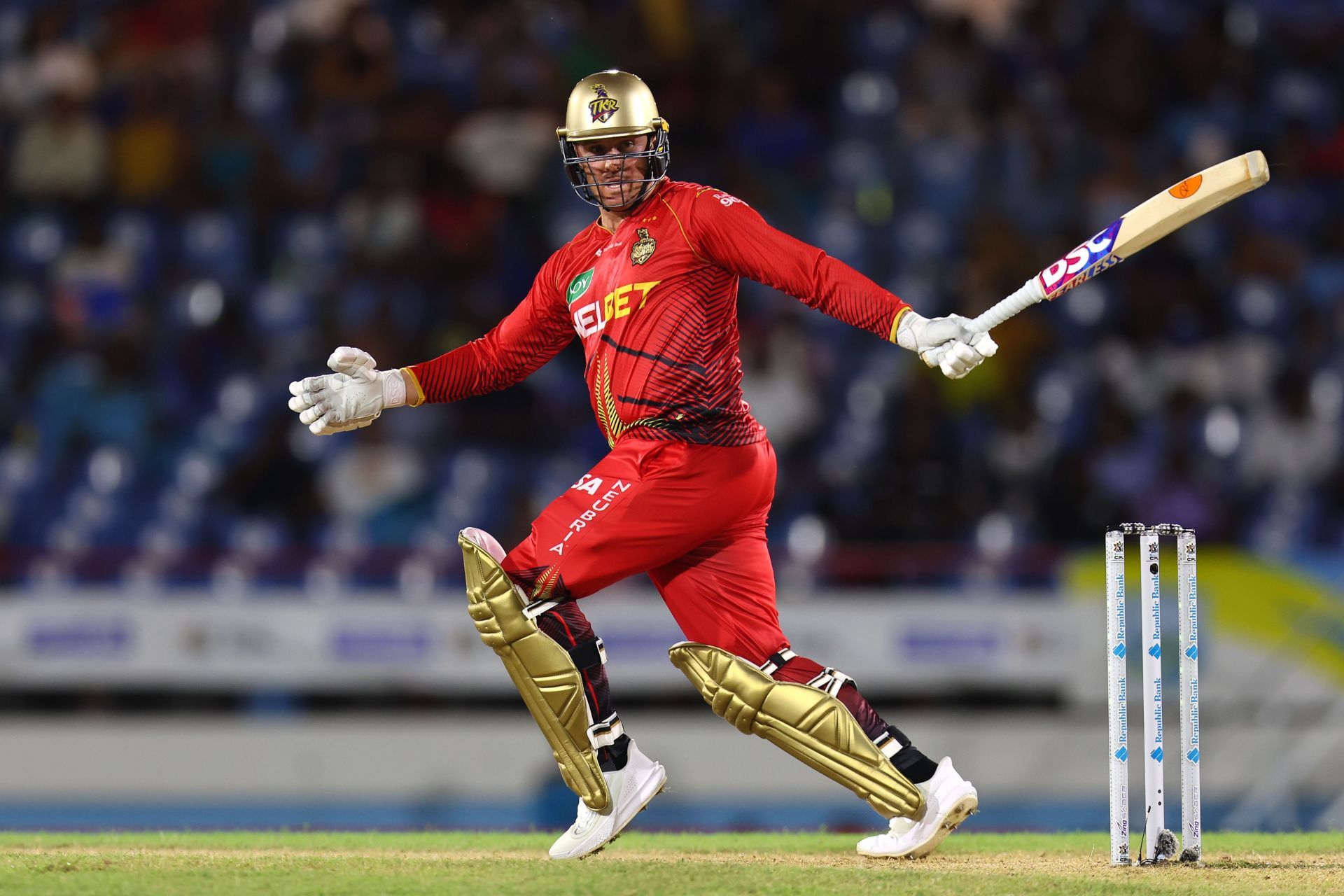 Jason Roy plays a shot during his knock against St Lucia Kings Source: Getty