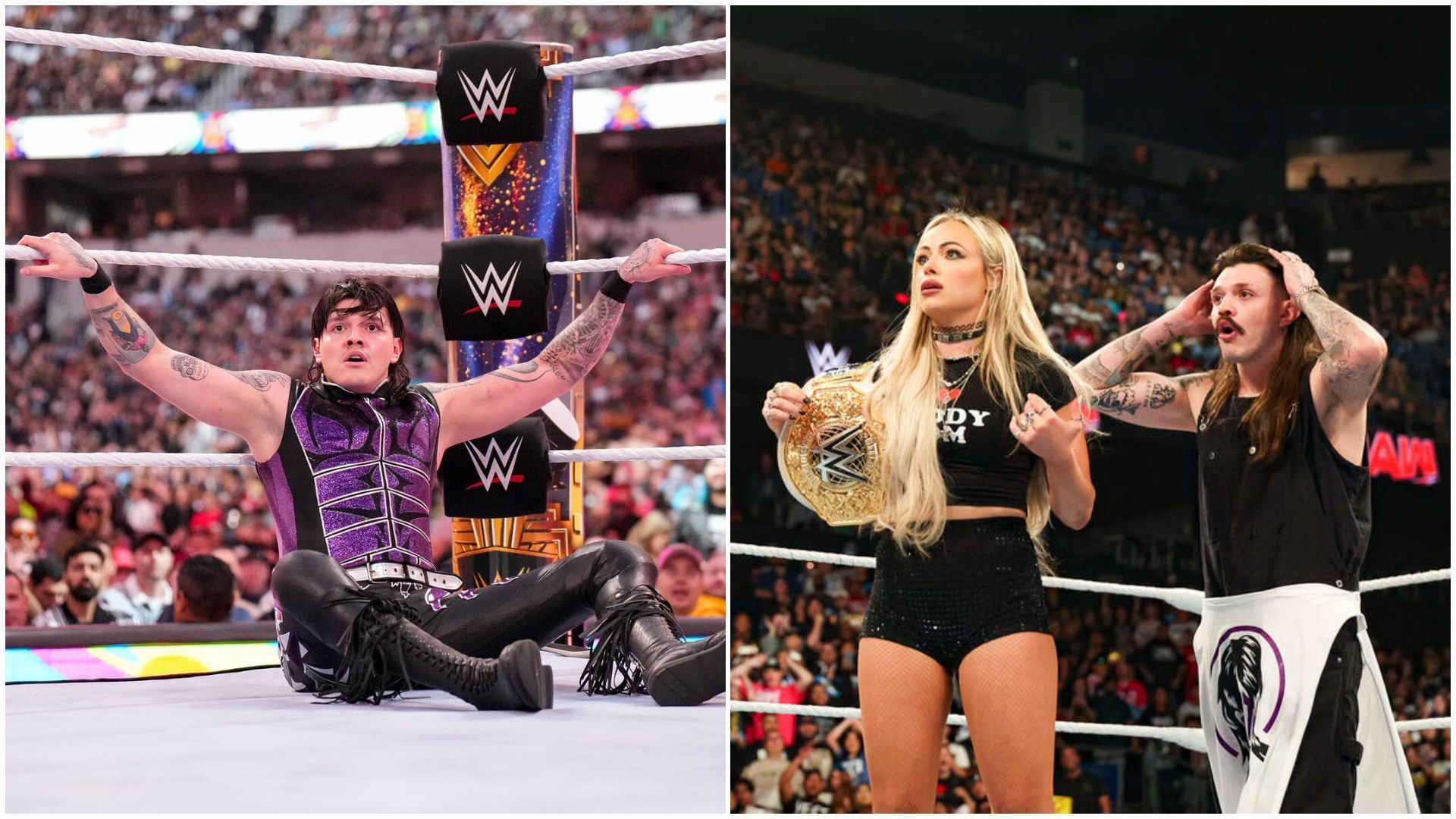 Dominik Mysterio (left); Liv Morgan and Dom (right). [Images via: WWE.com]