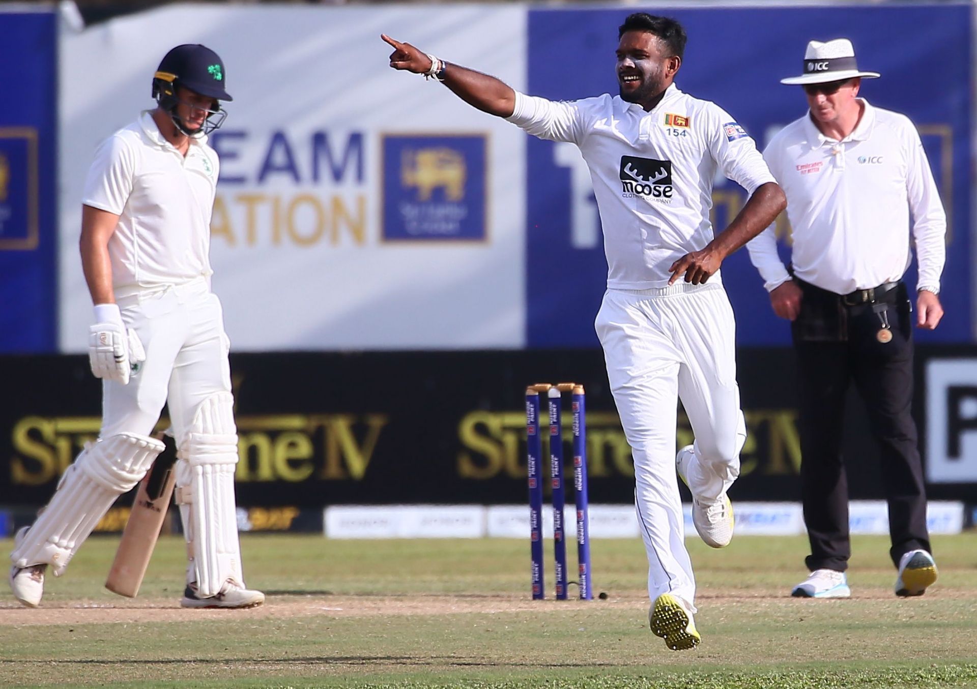 Ramesh Mendis of Sri Lanka celebrates after taking the wicket of James McCollum of Ireland during day four of the second Test match between Sri Lanka and Ireland at the Galle International Cricket Stadium in Galle on April 27, 2023.